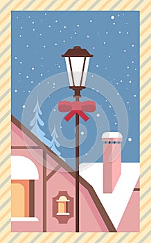 Decorated Lantern Snowy House Happy New Year Merry Christmas Greeting Card Retro Poster