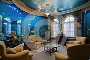 decorated living room with aquarium, where the inhabitants of the underwater world are shown in all its diversity