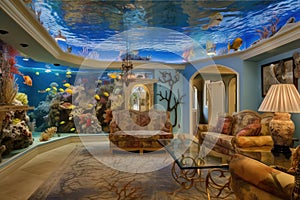 decorated living room with aquarium, where the inhabitants of the underwater world are shown in all its diversity