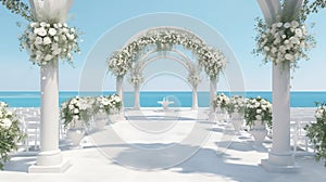 Decorated luxury wedding ceremony place at the beach white sand beautiful sea and sky with White empty chairs and arch decorated