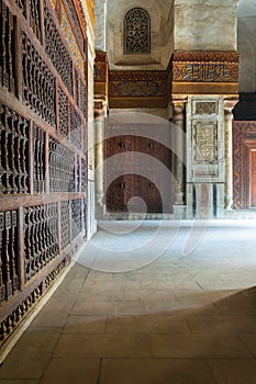 Decorated marble walls surrounding the cenotaph in the mausoleum of Sultan Qalawun, Old Cairo, Egypt