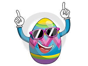 Decorated mascot easter egg wearing sunglasses having fun finger