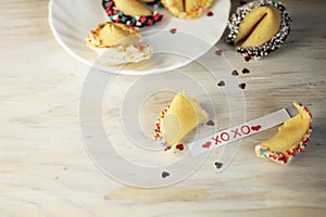 Decorated open fortune cookie with blank