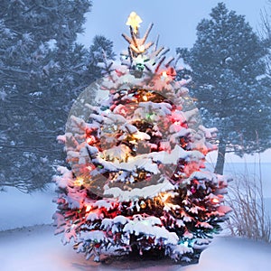Snow Covered Christmas Tree Glows Brightly