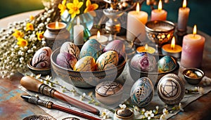 Decorated Pagan Altar with Painted Eggs and Lit Candles for Spring Equinox