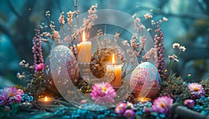 Decorated Pagan Altar with Painted Eggs and Lit Candles for Spring Equinox