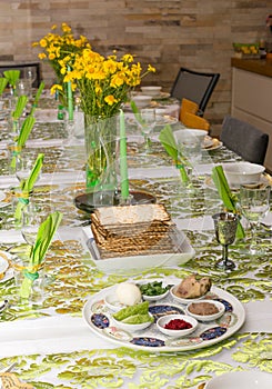 Decorated Passover Seder table in Tel Aviv, Israel