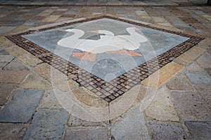 Decorated pavement in Susa along the Francigena trail
