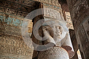 Decorated pillars and ceiling in Dendera temple, Egypt photo