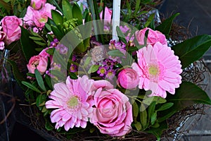 Decorated pink flower basket for sale