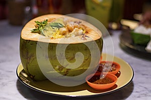 Decorated platter dinner with coconut shell fitted rice and spices served in a black plate on a table in touristic visit in Bali