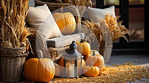 Decorated porch fall and autumn beautifully with pumpkins, gourds and seating - generative AI