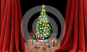 Decorated shiny Christmas tree on stage with red curtains. Happy New year and Merry Christmas concept 3d render