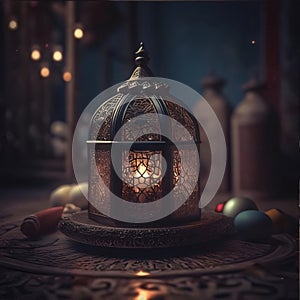 Decorated small lantern with a burning candle inside for around the dark interior of the house. Lantern as a symbol of Ramadan for