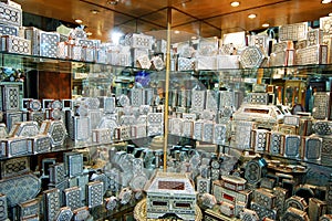 Decorated souvenir boxes in Cairo, Egypt souk market.