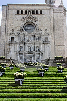 Decorated stairs and cathedral , spring festival flower,