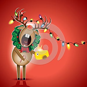 Decorated standing Reindeer decorated with wreath and luminous electric garland singing a Christmas carol and taking selfie