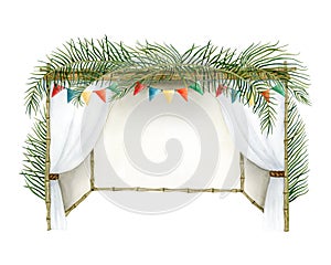 Decorated Sukkah with palm leaves on the top and festive colorful flags watercolor illustration for Sukkot holiday