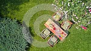 Decorated table with cheese, strawberry and fruits in beautiful summer rose garden, aerial top view of table food and drinks