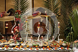 Decorated tables with fruit in restaurant