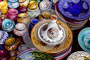 Decorated tagine and traditional morocco souvenirs