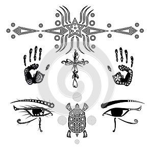 Decorated tattoo set, black and white, artistic, isolated.