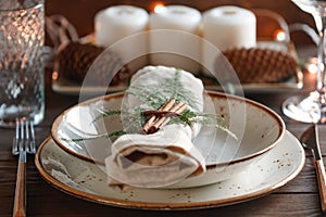 Decorated Thanksgiving table setting among white candles and cones