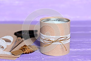 Decorated tin can DIY. Quick and cheap way for beautiful decorating tin can. Recycled craft concept. Materials and tools