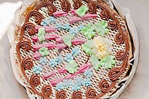 Decorated top of Kiev cake. The known ukrainian bakery products . Close-up .view. It is a dessert cake, made in Kiev, Ukraine by