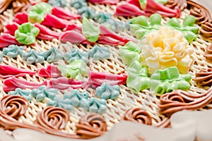 Decorated top of Kiev cake. The known ukrainian bakery products . Close-up .view. It is a dessert cake, made in Kiev, Ukraine by