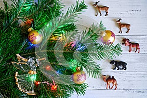 Decorated with toys and lights, a branch of the Christmas tree n