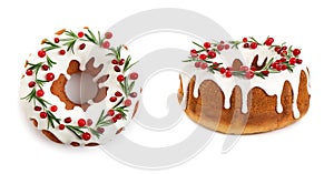 Decorated traditional Christmas cakes on white background. Banner design