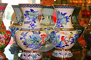 Decorated vases for sale in shop