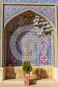 Decorated wall of Nasir Ol-Molk mosque, also famous as Pink Mosque. Shiraz. Iran