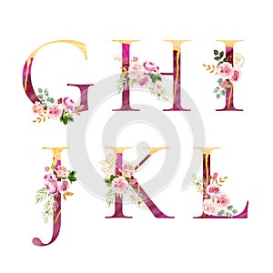 Decorated watercolor letters g h i j k l