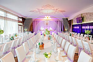 Decorated wedding restaurant with flowers