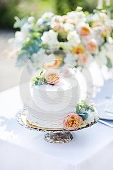 Decorated wedding table with beautiful wedding cakeand flowers, outdoor, fine art.
