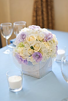 Decorated wedding table with flowers and candles