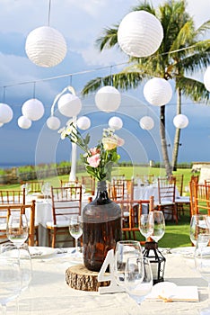 Decorated wedding table at reception beach resort