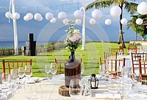 Decorated wedding table at reception beach resort