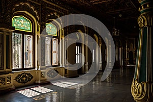 Decorated windows of Mysore Palace with shadows, Mysore, India