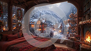 Decorated wooden bedroom, window frame divided into many panels, cozy fireplace , the backdrop reveals a mesmerizing snowy village