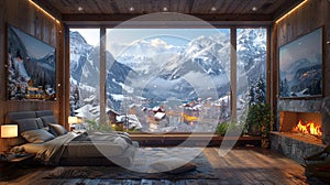 Decorated wooden bedroom, window frame divided into many panels, cozy fireplace , the backdrop reveals a mesmerizing snowy village