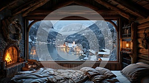Decorated wooden bedroom, window frame divided into many panels, cozy fireplace , the backdrop reveals a mesmerizing snowy village