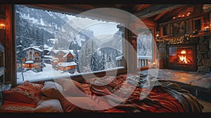 Decorated wooden bedroom, window frame divided into many panels, cozy fireplace , the backdrop reveals a mesmerizing snowy village