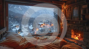 Decorated wooden bedroom, window frame divided into many panels, cozy fireplace , the backdrop reveals a mesmerizing snowy village