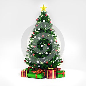 Decorated xmas tree isolated on white, general front view