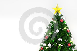Decorated xmas tree isolated on white, top closeup view