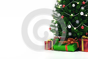 Decorated xmas tree isolated on white, under front view