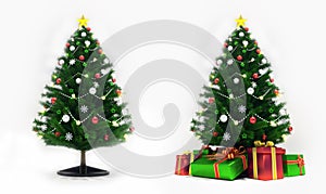 Decorated xmas trees isolated on white, front view